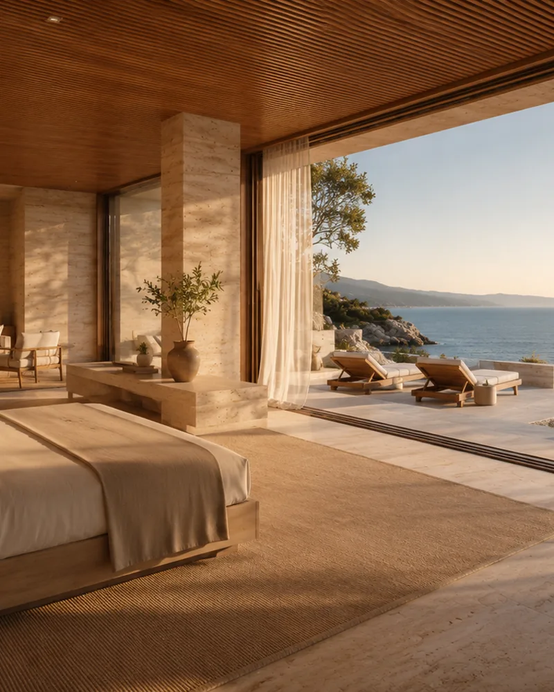 A travertine room opening onto a stone terrace with sun loungers above the bay at golden hour.