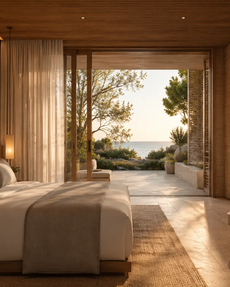 A suite bedroom at dusk, sliding doors open past sheer curtains and wild trees to a stone terrace and the sea.