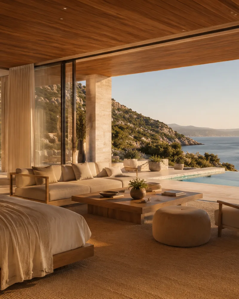 A long open room above the bay, its infinity pool reaching out to meet the line of the sea.