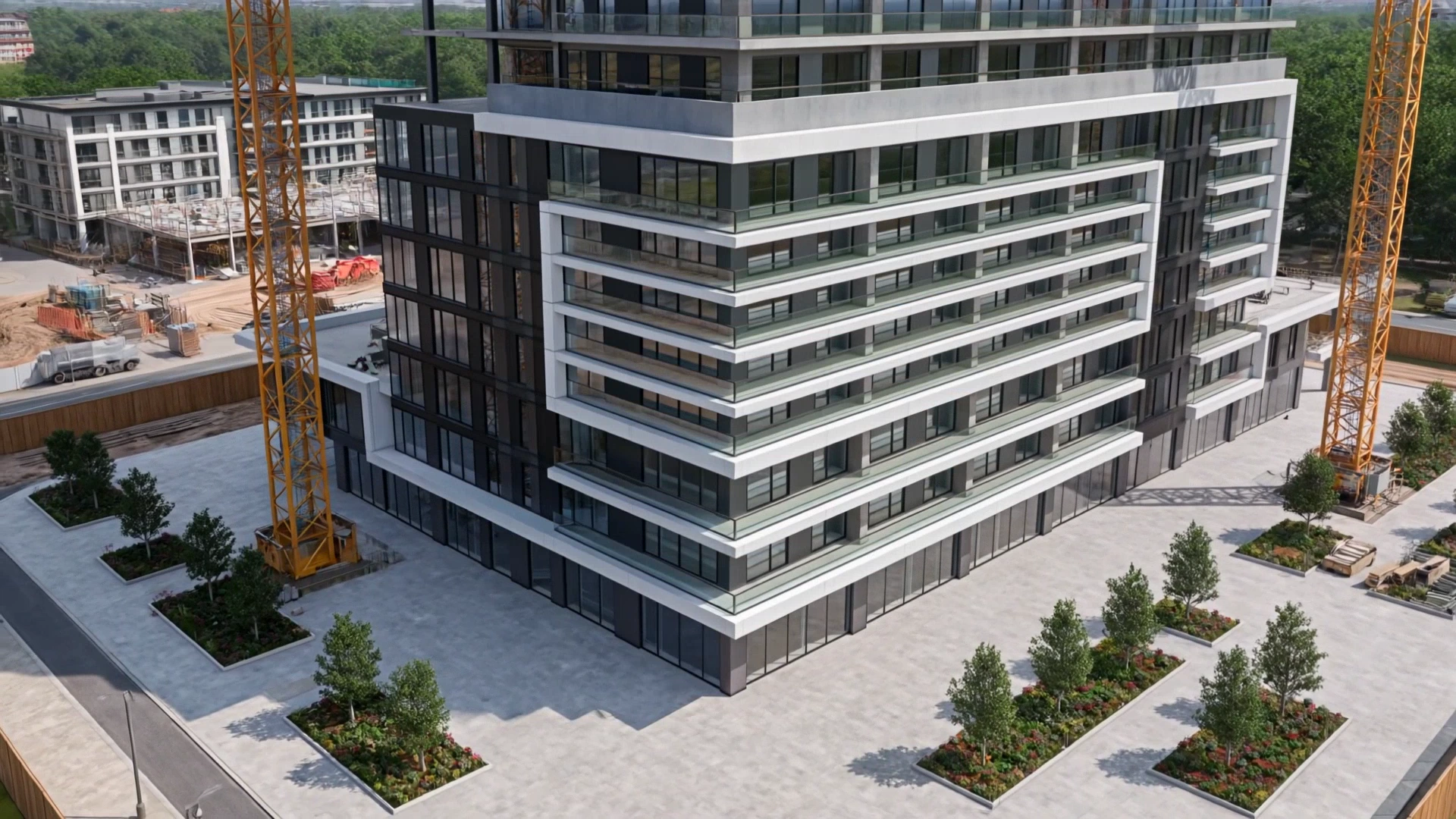 The finished plaza at the foot of the building: young trees in planted beds between pale stone paving.