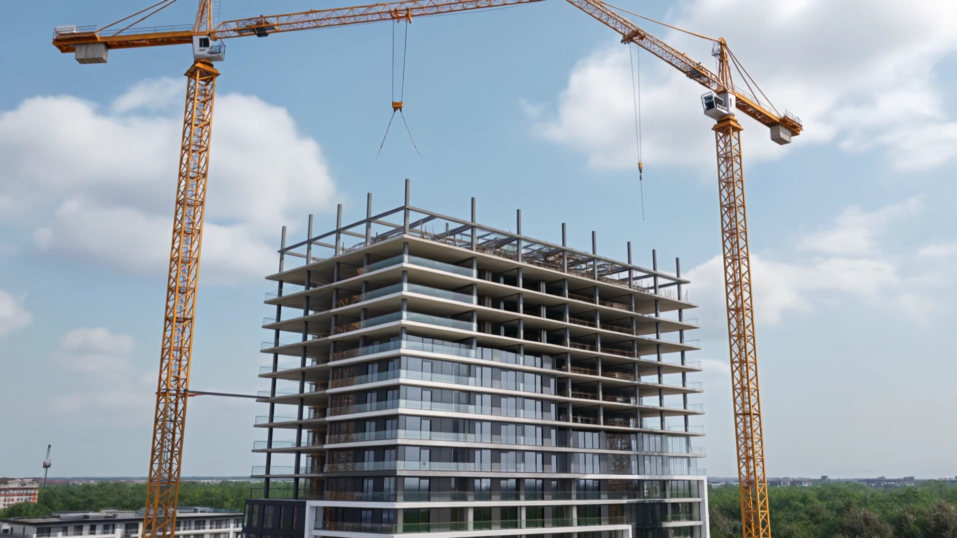 The tower mid-envelope: lower floors already glazed, the upper frame still open between the crane jibs.