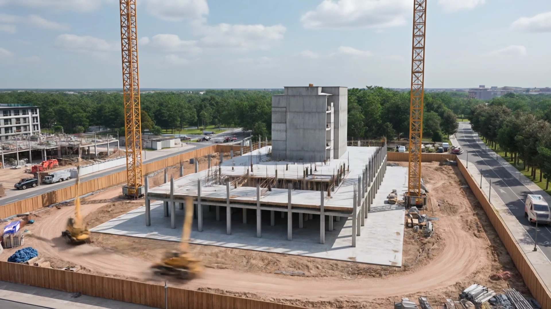 An early stage of the same site: the ground slab and the first columns of the frame between the two cranes.