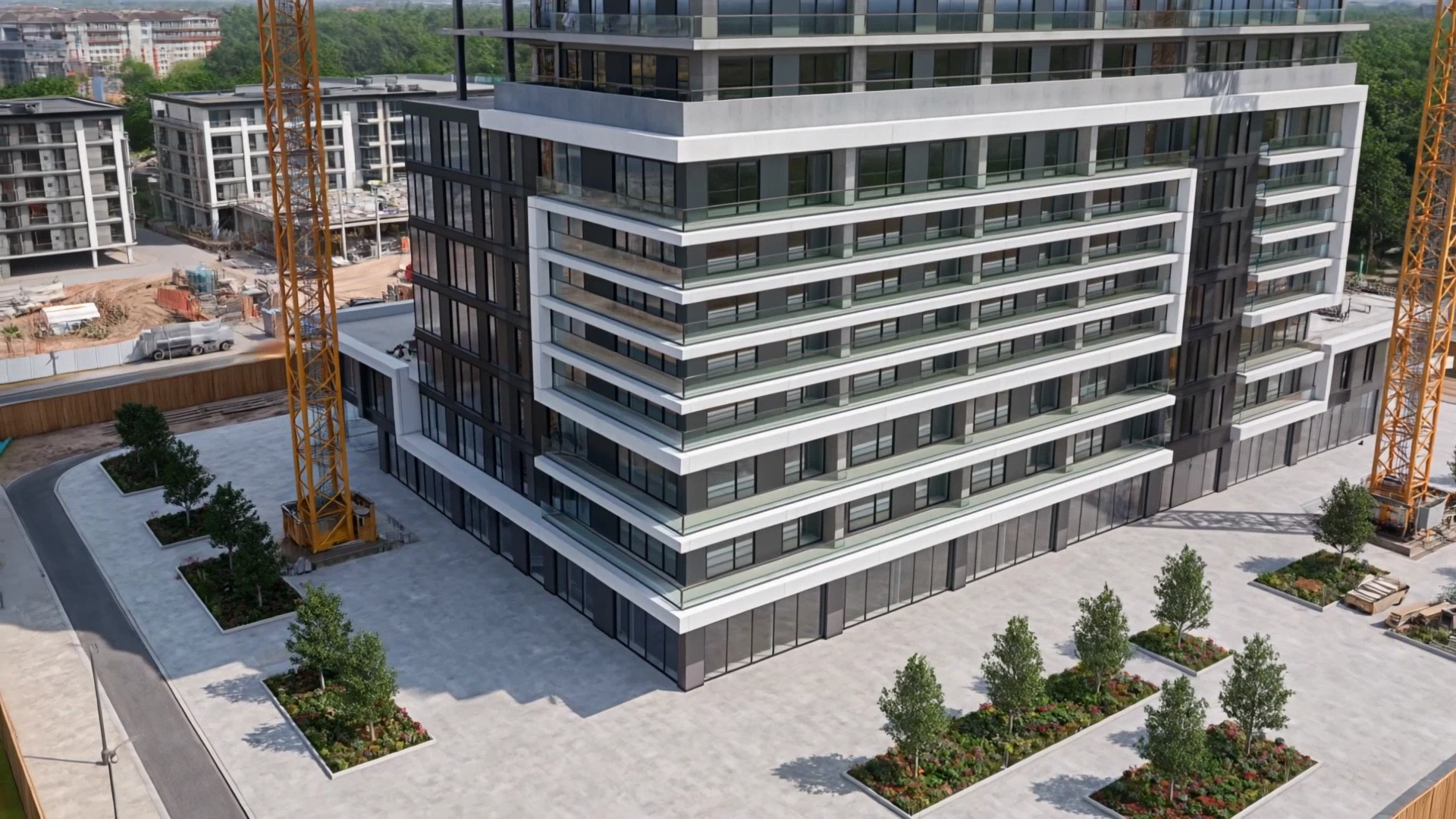 The completed ALTUS quarter from above: a modern mixed-use complex with glazed facades, balconies and a green landscaped courtyard.