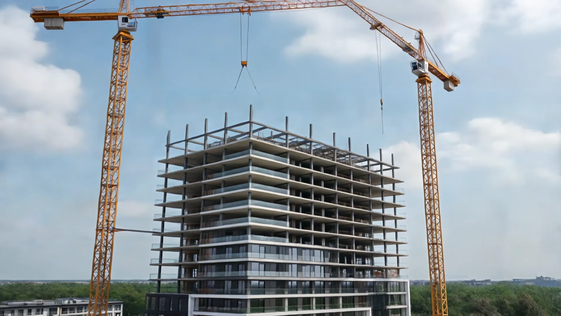 The full concrete frame of the tower standing between the two cranes, before the facade goes on.