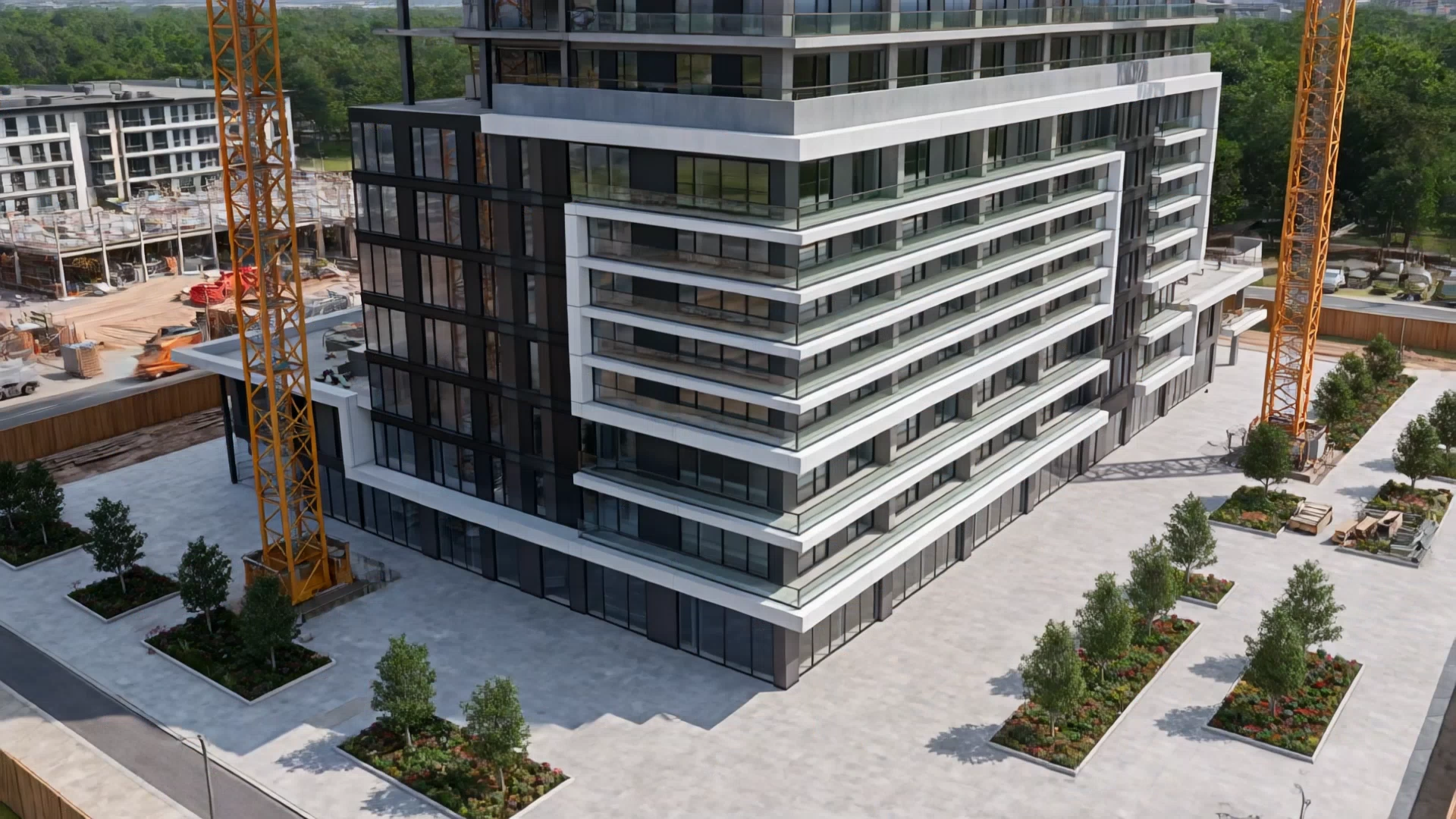 The completed building with its glass facade, the cranes still standing, the plaza taking shape below.