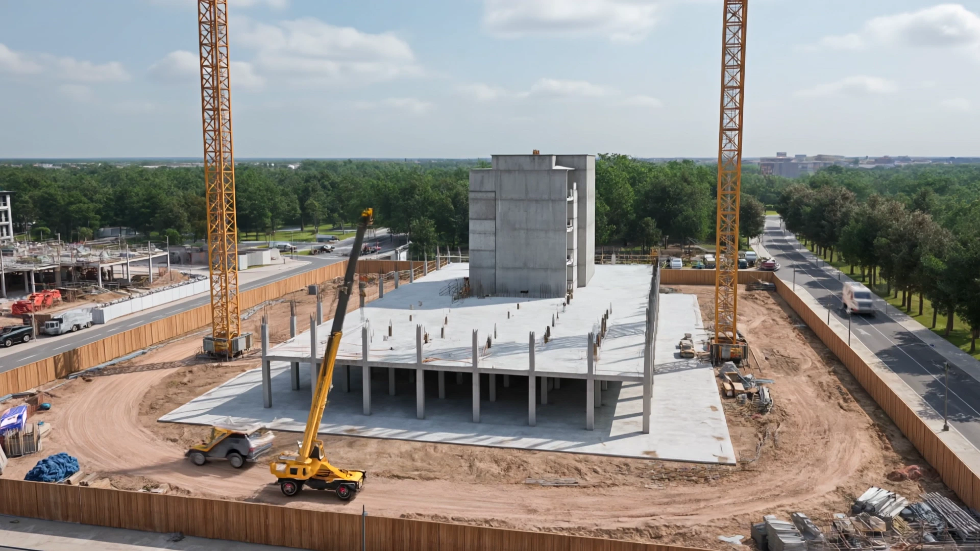 An aerial view of a construction site: the first concrete columns rising from the ground slab between yellow tower cranes.