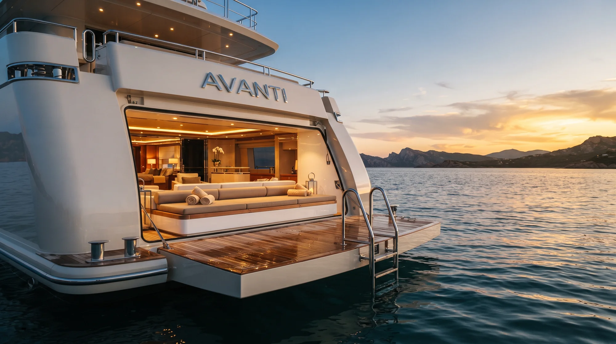 The beach club at the open transom: AVANTI in polished letters above the folded-down teak swim platform, warm light from the lounge inside.