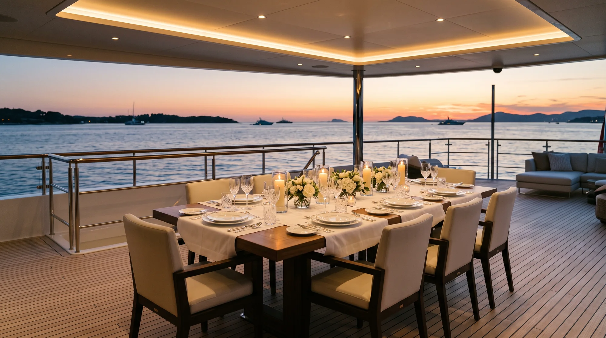 The aft deck at dusk: a long table set for eight with white linen and candlelight, the last of the sunset behind.