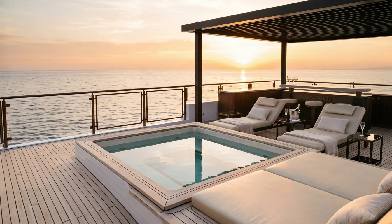 The sun deck at golden hour: a recessed jacuzzi reflecting the low sun, cream loungers, pale teak and the AVANTI bar behind.