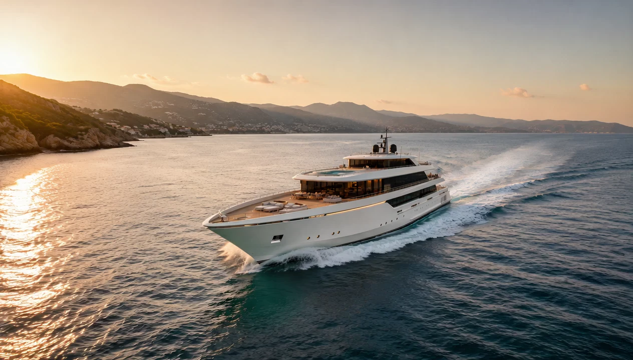 A white 49-metre motoryacht runs bow-on along the Ligurian coast at golden hour, the low sun off her port side.
