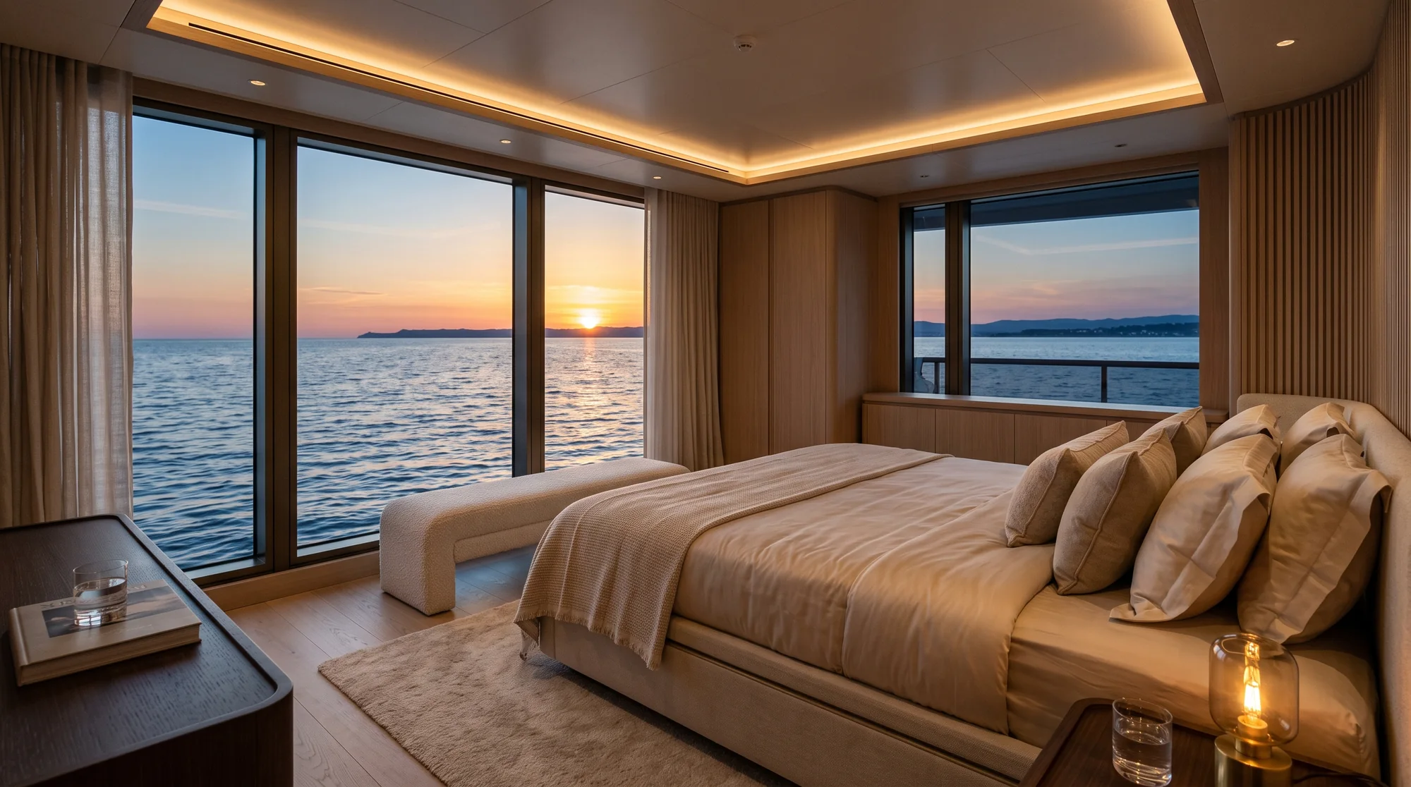 The owner's suite at dusk: a wide bed in champagne linen facing floor-to-ceiling glass, the sun setting over a calm sea.