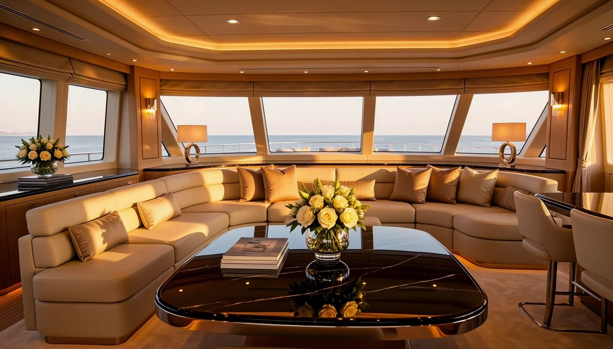 The main salon at dusk: cream sofas around a dark marble table, nine metres of glass holding the last of the sun.